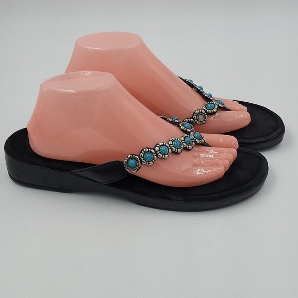 Minnetonka Black Thong Flip Flop Sandal w/ Silver Turquoise Flower Strap Size 11 - Picture 1 of 12